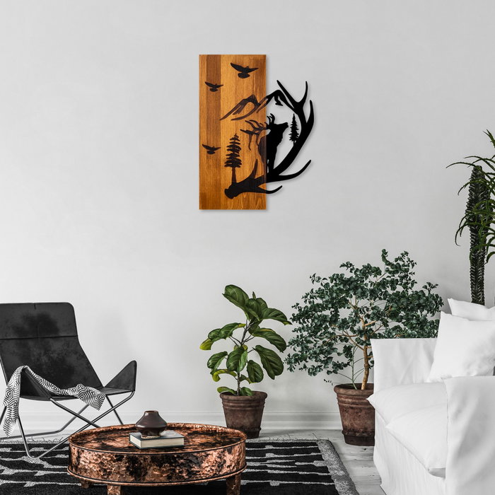 Wallity Deer and Mountain Escultura de pared Nogal y Negro